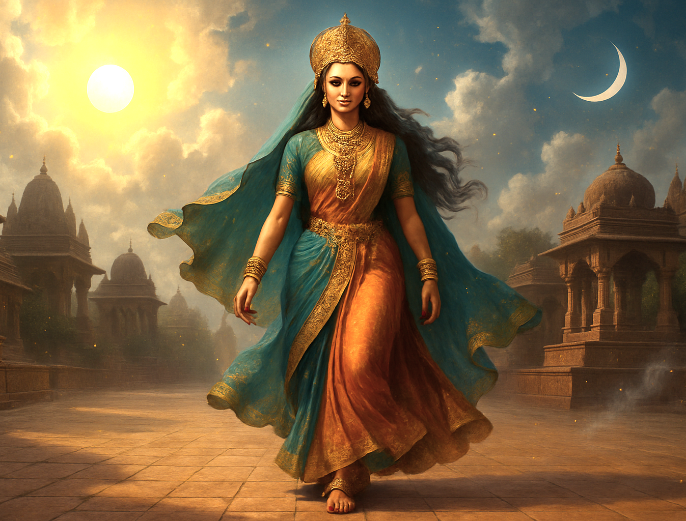 Chamunda Mata strides gracefully across a sunlit sandstone courtyard in Mandore Gardens, Jodhpur, Rajasthan, India, her teal and saffron robes billowing, golden aura radiating blessings under sun and crescent moon. Chamunda Mata strides gracefully across a sunlit sandstone courtyard in Mandore Gardens, Jodhpur, Rajasthan, India, her teal and saffron robes billowing, golden aura radiating blessings under sun and crescent moon.