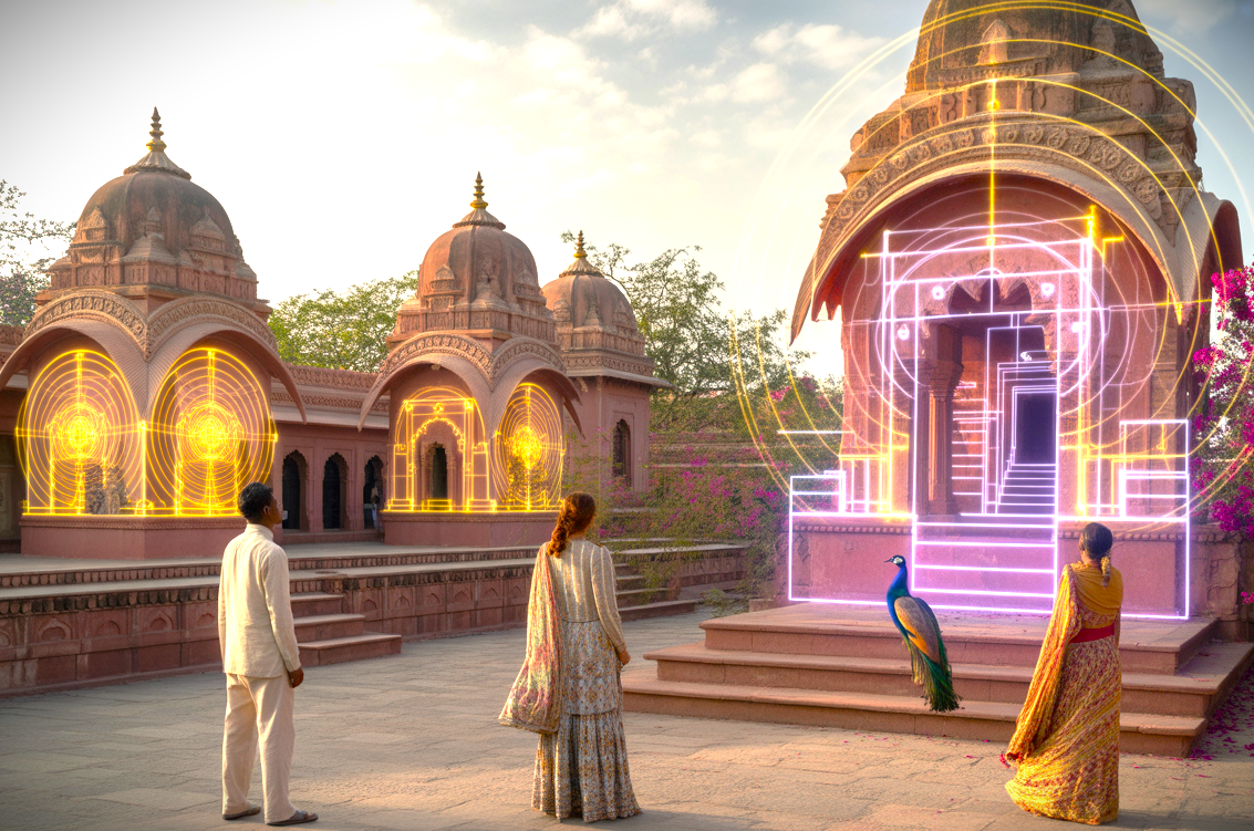 Visitors at Mandore Gardens in Jodhpur, Rajasthan, India admire mesmerizing golden ratio and Vastu Shastra geometric holograms projected onto ancient red sandstone temples beside vibrant bougainvillea and a poised peacock. Visitors at Mandore Gardens in Jodhpur, Rajasthan, India admire mesmerizing golden ratio and Vastu Shastra geometric holograms projected onto ancient red sandstone temples beside vibrant bougainvillea and a poised peacock.