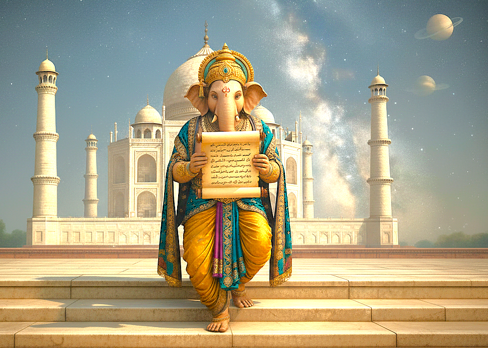 Lord Ganesha gracefully descends steps before the iconic UNESCO Taj Mahal in Agra, India, holding an ancient scroll. This image symbolizes spiritual harmony and cultural depth near the Marble Cottage and Keoladeo National Park. Lord Ganesha gracefully descends steps before the iconic UNESCO Taj Mahal in Agra, India, holding an ancient scroll. This image symbolizes spiritual harmony and cultural depth near the Marble Cottage and Keoladeo National Park.