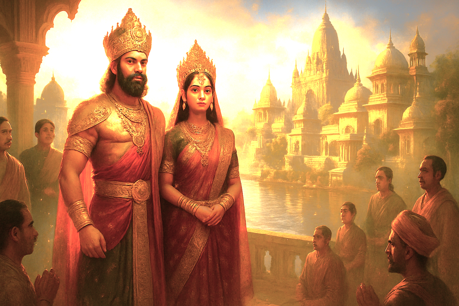 Majestic mythological Indian royalty stand before ancient palace ruins near Agra Fort and Keoladeo National Park, a UNESCO heritage site close to the Taj Mahal in Agra, India, at sunset. Majestic mythological Indian royalty stand before ancient palace ruins near Agra Fort and Keoladeo National Park, a UNESCO heritage site close to the Taj Mahal in Agra, India, at sunset.