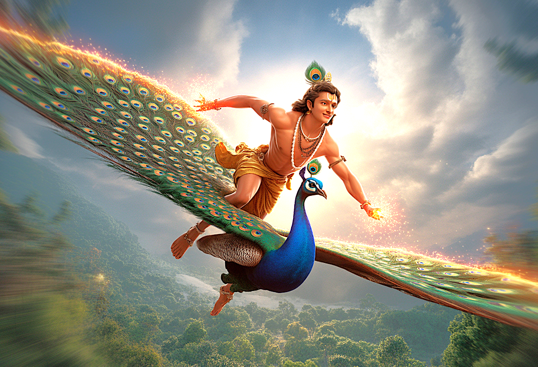 Vibrant mythological art of Lord Krishna riding a majestic peacock across sky over Mathura, Uttar Pradesh, India, showcasing Hindu mythology, cultural heritage and spiritual adventure. Vibrant mythological art of Lord Krishna riding a majestic peacock across sky over Mathura, Uttar Pradesh, India, showcasing Hindu mythology, cultural heritage and spiritual adventure.