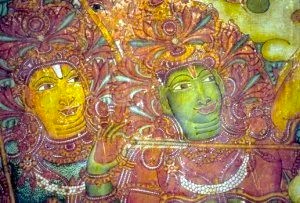 Vibrant traditional Hindu deity mural depicting Lord Krishna and companion in intricate detail at Mattancherry Palace, Kochi, South India, Kerala, highlighting centuries-old religious artistry, cultural heritage, and historic architectural splendor. Vibrant traditional Hindu deity mural depicting Lord Krishna and companion in intricate detail at Mattancherry Palace, Kochi, South India, Kerala, highlighting centuries-old religious artistry, cultural heritage, and historic architectural splendor.