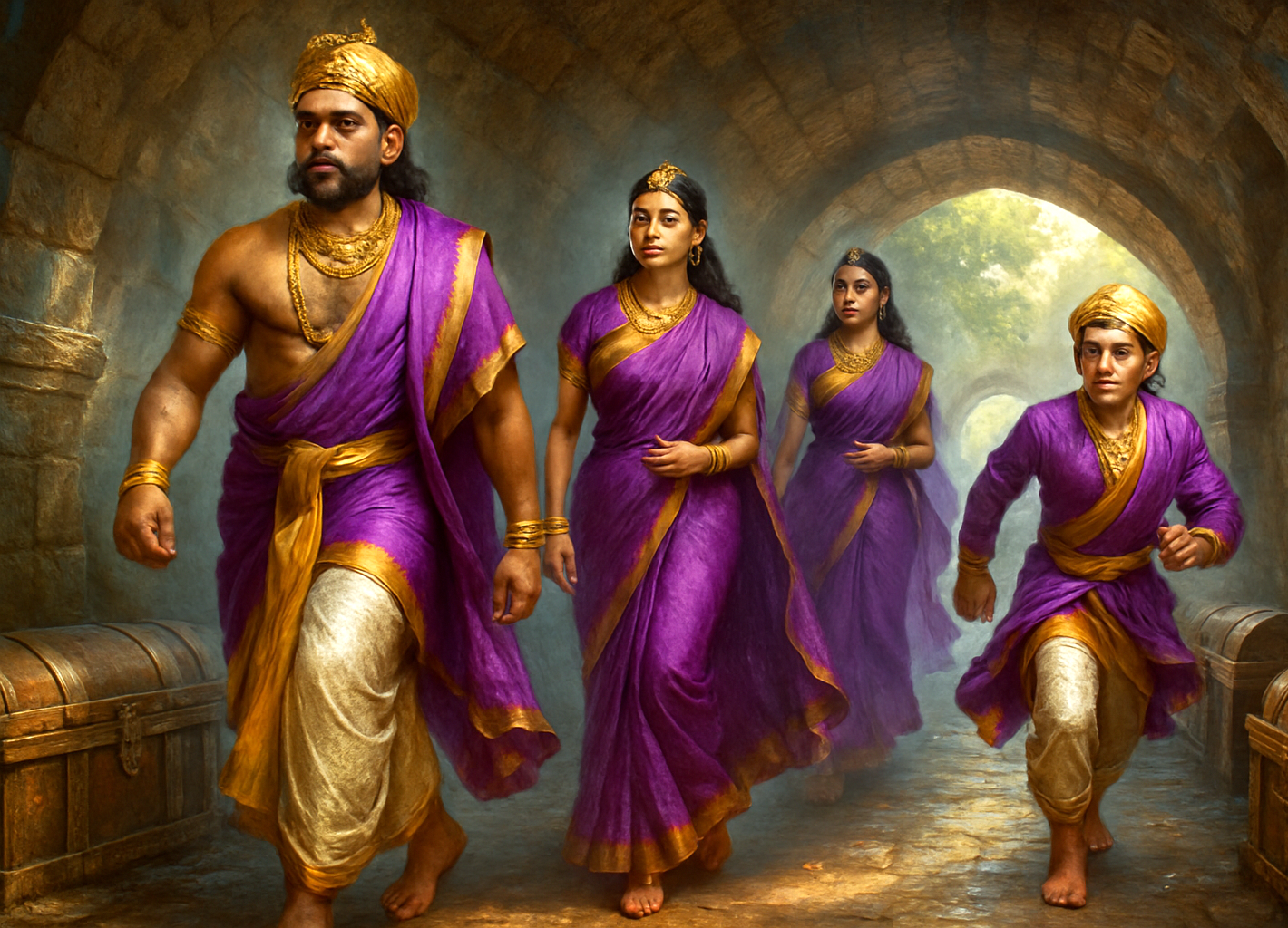 A cinematic depiction of Kerala’s royal family traversing secret stone tunnels beneath Mattancherry Palace in Kochi, South India, showcasing traditional purple silk garments, glowing embers, volumetric light, and majestic intrigue. A cinematic depiction of Kerala’s royal family traversing secret stone tunnels beneath Mattancherry Palace in Kochi, South India, showcasing traditional purple silk garments, glowing embers, volumetric light, and majestic intrigue.