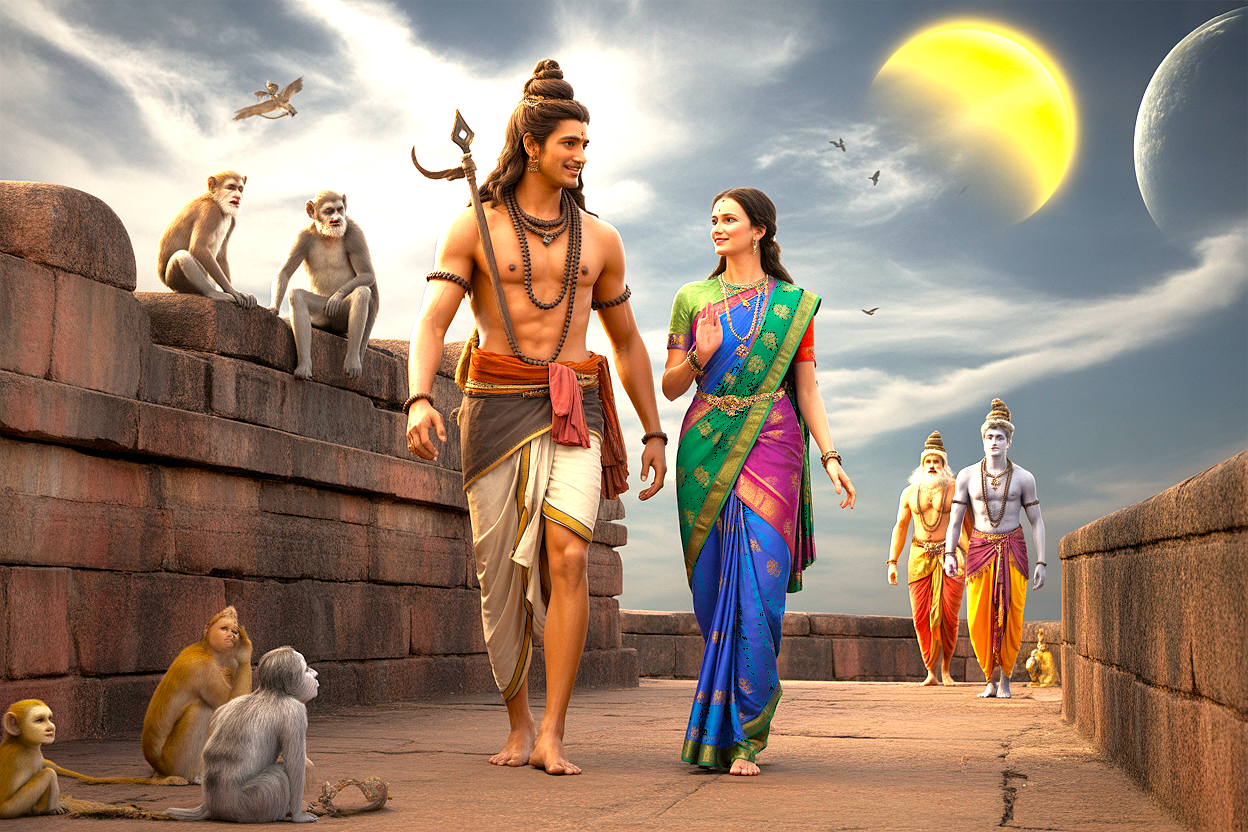 An artistic depiction of Hindu deities Shiva, Parvati, Vishnu, and Brahma, evoking the sacred stories celebrated at the Meguti Temple in Aihole, Karnataka, India, near Badami and the Pattadakal UNESCO site. An artistic depiction of Hindu deities Shiva, Parvati, Vishnu, and Brahma, evoking the sacred stories celebrated at the Meguti Temple in Aihole, Karnataka, India, near Badami and the Pattadakal UNESCO site.