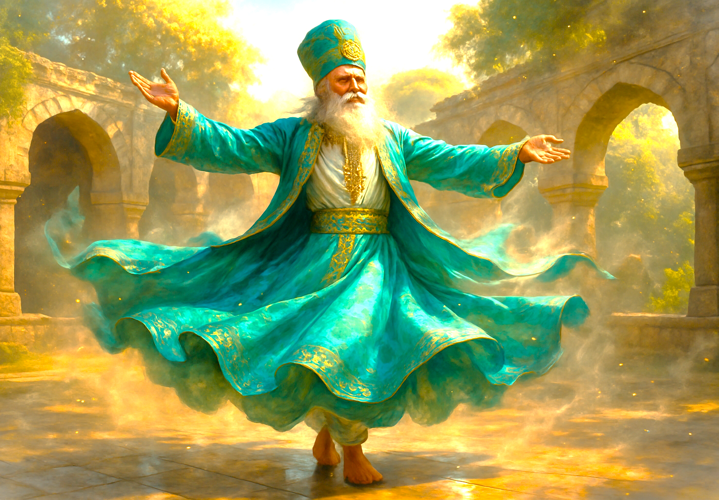An artistic depiction of a whirling Sufi saint at Mehrauli Archaeological Park in Delhi, India, a vast heritage area adjacent to the Qutb Minar and near sites like Humayun's Tomb. An artistic depiction of a whirling Sufi saint at Mehrauli Archaeological Park in Delhi, India, a vast heritage area adjacent to the Qutb Minar and near sites like Humayun's Tomb.