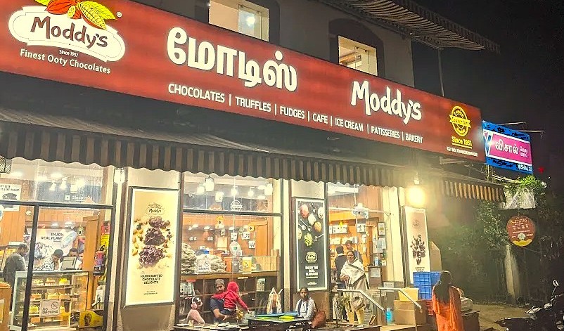 Moddys Chocolate, a famous Ooty landmark near the Dobetta Tea Plantation in India's UNESCO Western Ghats, offers treats to visitors seeing the sights and enjoying the mountains.