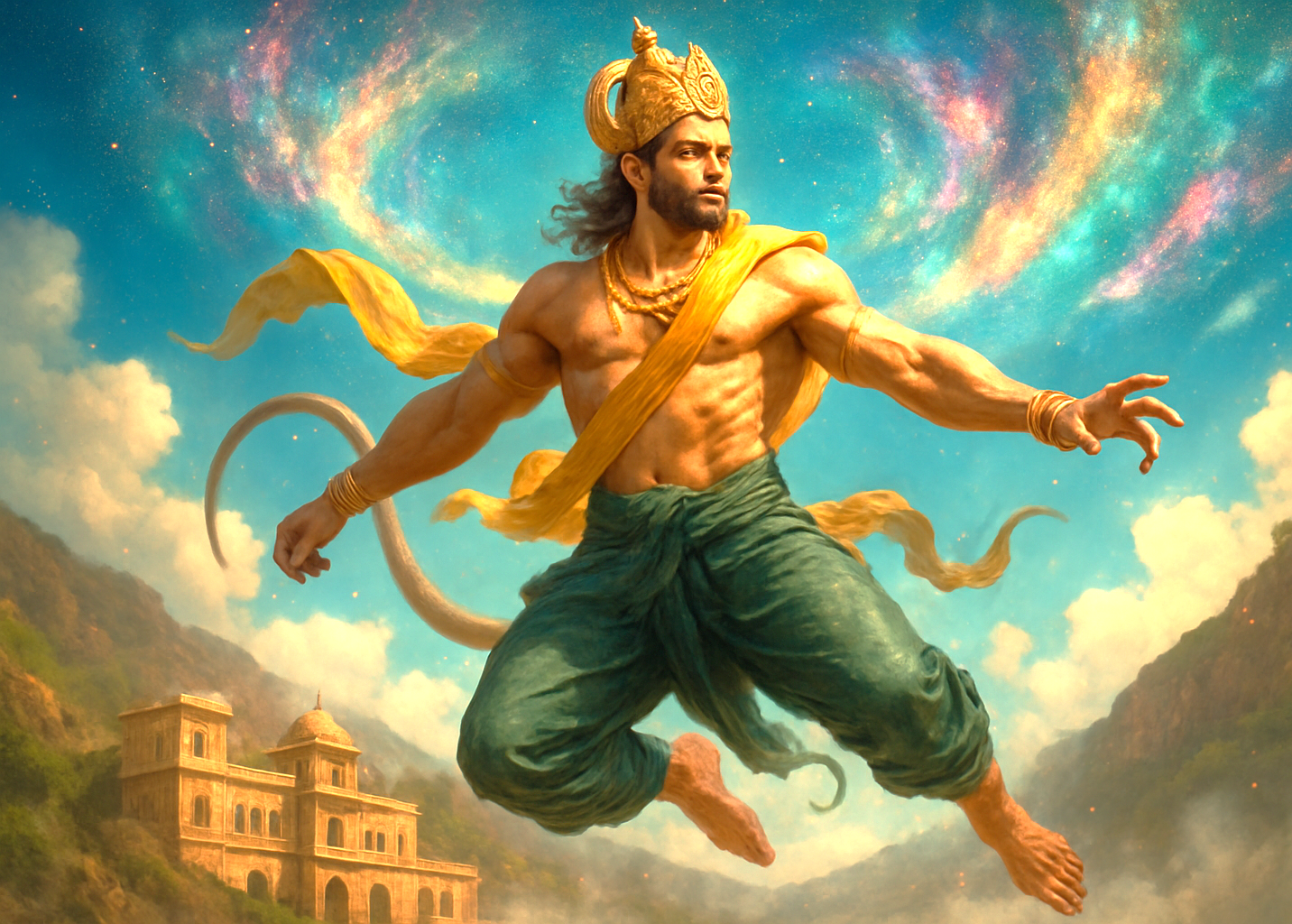 Photorealistic cosmic rendering of Lord Hanuman as a handsome crown-wearing guardian with a flowing tail and draping garments, leaping above the sandstone Galta Ji Monkey Temple in Jaipur, Rajasthan, India. Photorealistic cosmic rendering of Lord Hanuman as a handsome crown-wearing guardian with a flowing tail and draping garments, leaping above the sandstone Galta Ji Monkey Temple in Jaipur, Rajasthan, India.