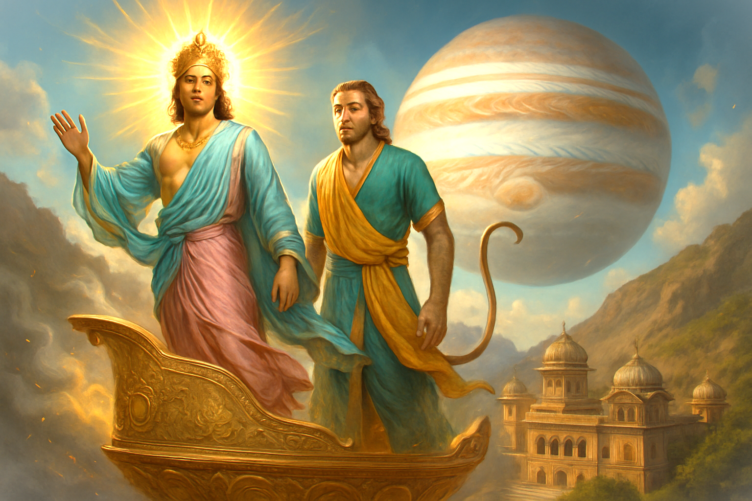 Surya Sun God and Monkey God stand on a golden celestial chariot above Galta Ji Monkey Temple in Jaipur, Rajasthan, India, radiating divine light, cosmic majesty, vibrant spirituality, and heritage. Surya Sun God and Monkey God stand on a golden celestial chariot above Galta Ji Monkey Temple in Jaipur, Rajasthan, India, radiating divine light, cosmic majesty, vibrant spirituality, and heritage.