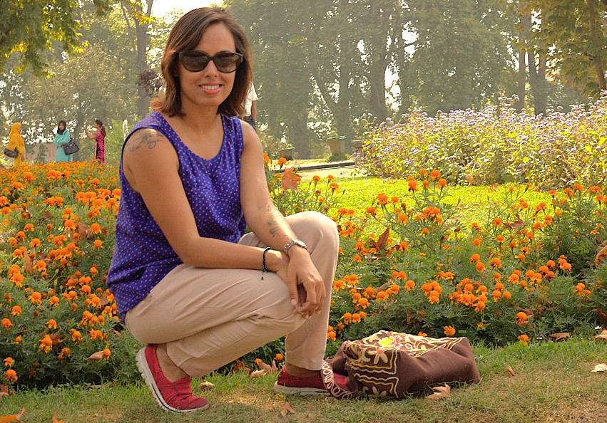 A tourist enjoys the Mugal Gardens- Chashma, Nishat and Shalimar gardens, set in the Himalayas. This region, near Pampore Saffron fields, Lidder River Pahalgam, and near Betaab Valley, is where Kashmir-Srinagar is a Unesco city of arts. A tourist enjoys the Mugal Gardens- Chashma, Nishat and Shalimar gardens, set in the Himalayas. This region, near Pampore Saffron fields, Lidder River Pahalgam, and near Betaab Valley, is where Kashmir-Srinagar is a Unesco city of arts.