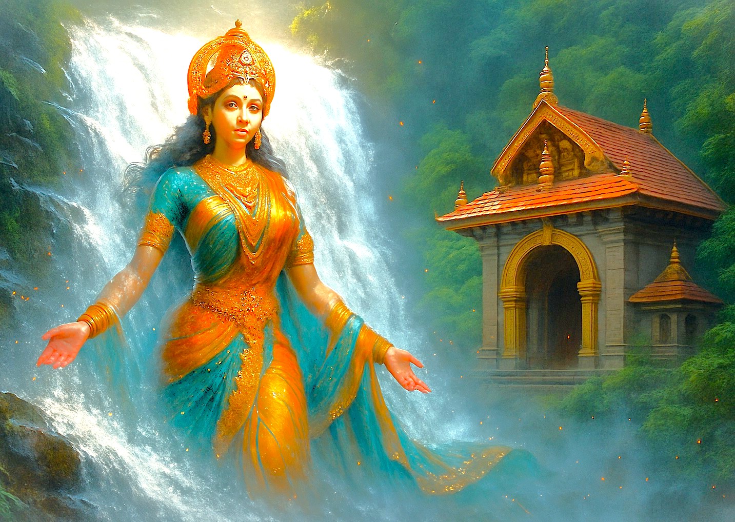 This artwork of a goddess at a Munnar waterfall embodies the sacred relationship between divinity and nature. Explore this spiritual essence on a South India tour from Madurai and Mysore Palace to Kochi, through the UNESCO Western Ghats in Tamil Nadu, India.