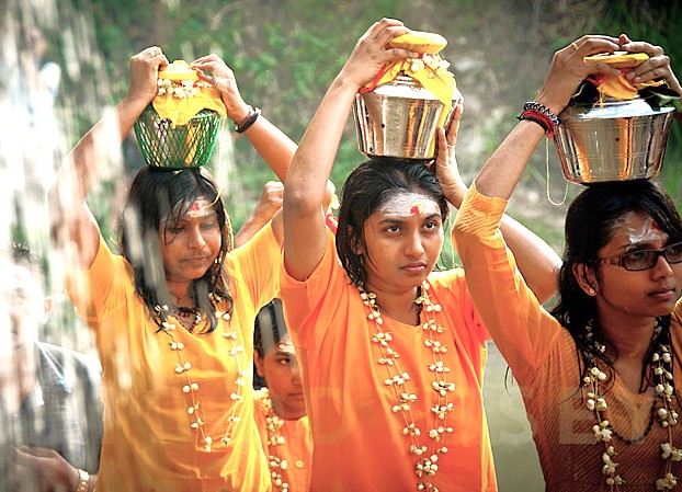 Devout pilgrims in vibrant attire carry ceremonial pots atop their heads in a devotional procession at Murugan Temple, Palani Hills of Kodaikanal, Tamil Nadu, South India, honoring ancient spiritual traditions.