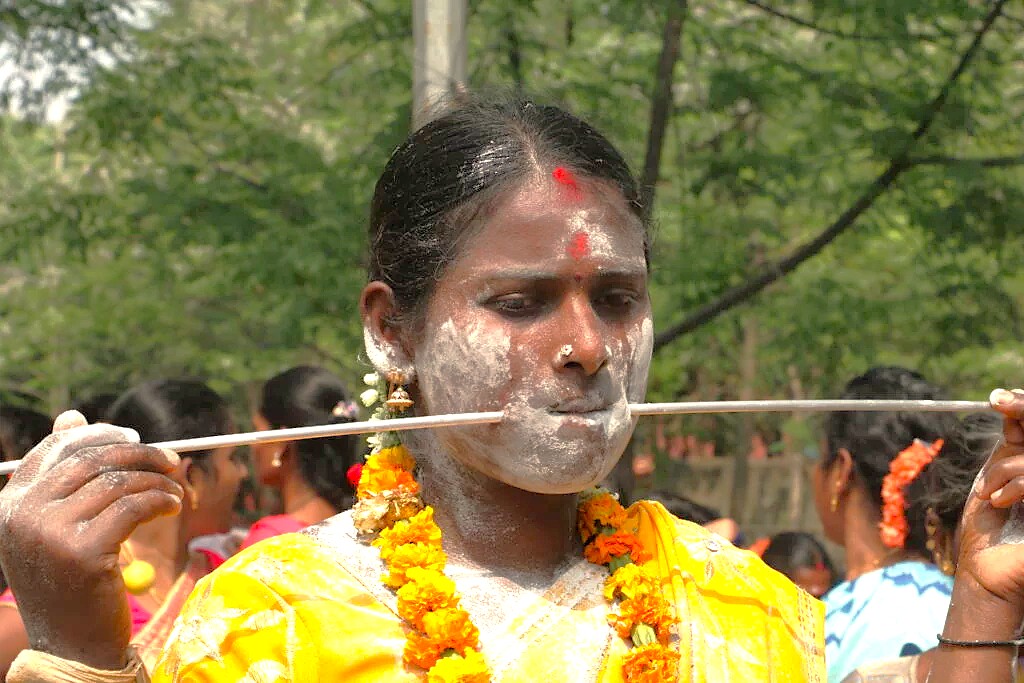 A devotee's ritual piercing showcases a profound spiritual relationship during a festival in Madurai, Tamil Nadu, a powerful cultural experience for tourists in India who also explore Meenakshi Temple, Munnar, and the nearby Unesco Western Ghats. A devotee's ritual piercing showcases a profound spiritual relationship during a festival in Madurai, Tamil Nadu, a powerful cultural experience for tourists in India who also explore Meenakshi Temple, Munnar, and the nearby Unesco Western Ghats.