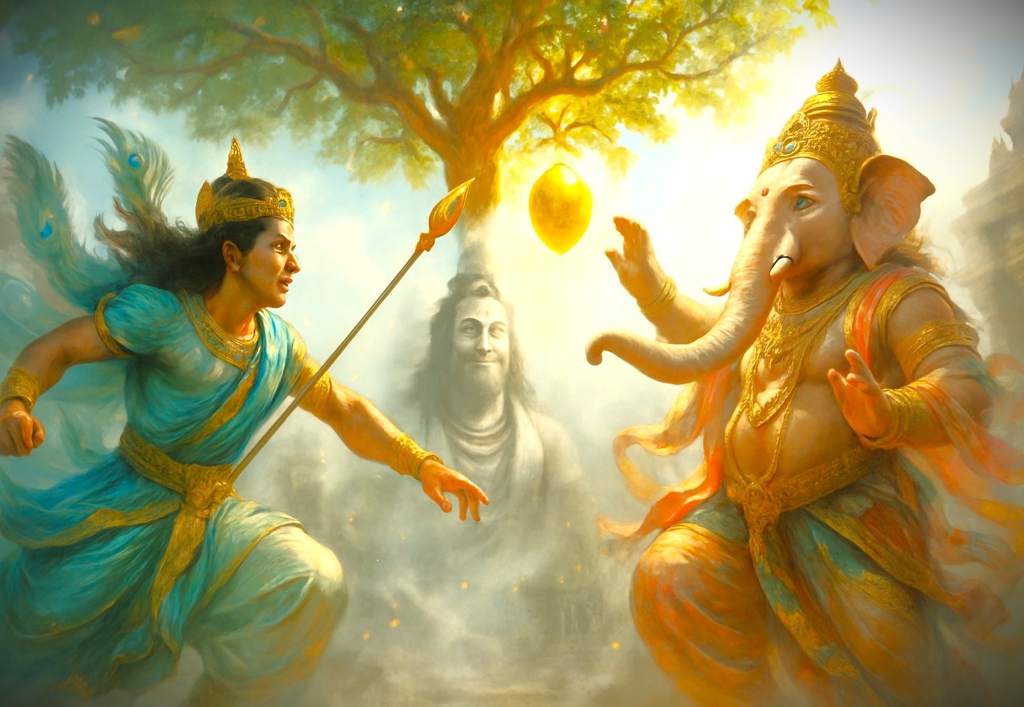 This artwork portrays the divine relationship between brothers Lord Murugan and Ganesha, a story central to South India's culture. Explore these legends on a tour from Madurai and Mysore Palace to Kochi and Munnar through the UNESCO Western Ghats in India.