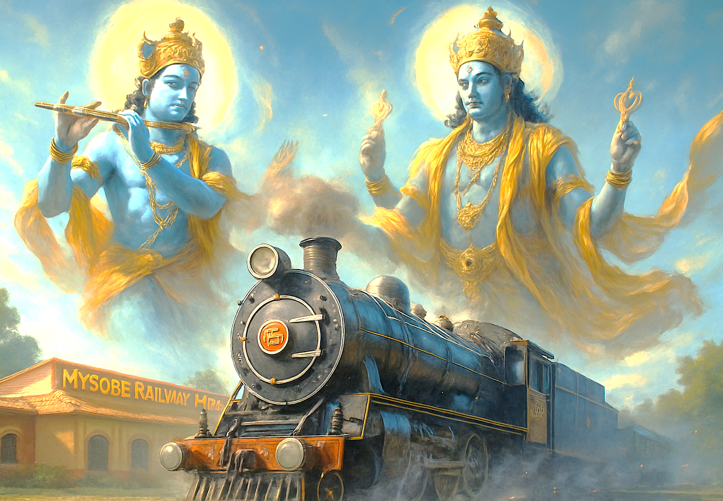 A mythical depiction of deities at the Mysore Railway Museum in Mysore, Karnataka, India, a site near Mysore Palace visited by tourists from Bangalore near Tipu Sultan Palace ('Tiger of Mysore'). A mythical depiction of deities at the Mysore Railway Museum in Mysore, Karnataka, India, a site near Mysore Palace visited by tourists from Bangalore near Tipu Sultan Palace ('Tiger of Mysore').