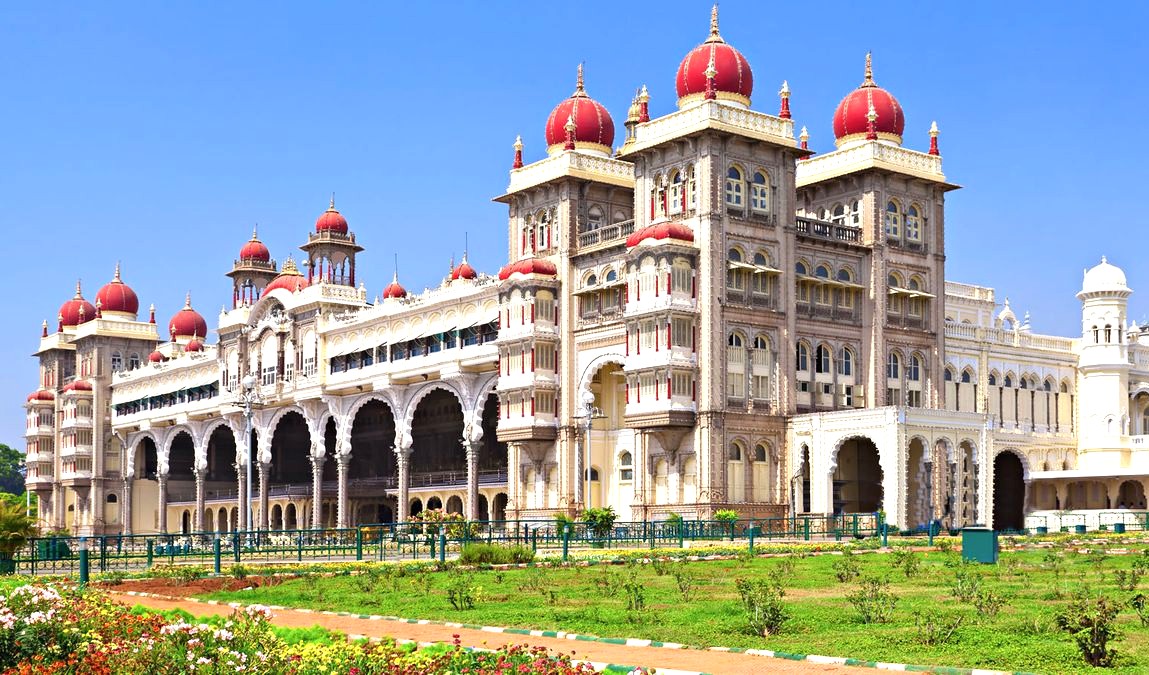 The Mysore Palace in Mysore, Karnataka, India, is a major landmark near the Tipu Sultan Palace ('Tiger of Mysore'), attracting tourists visiting from Bangalore.