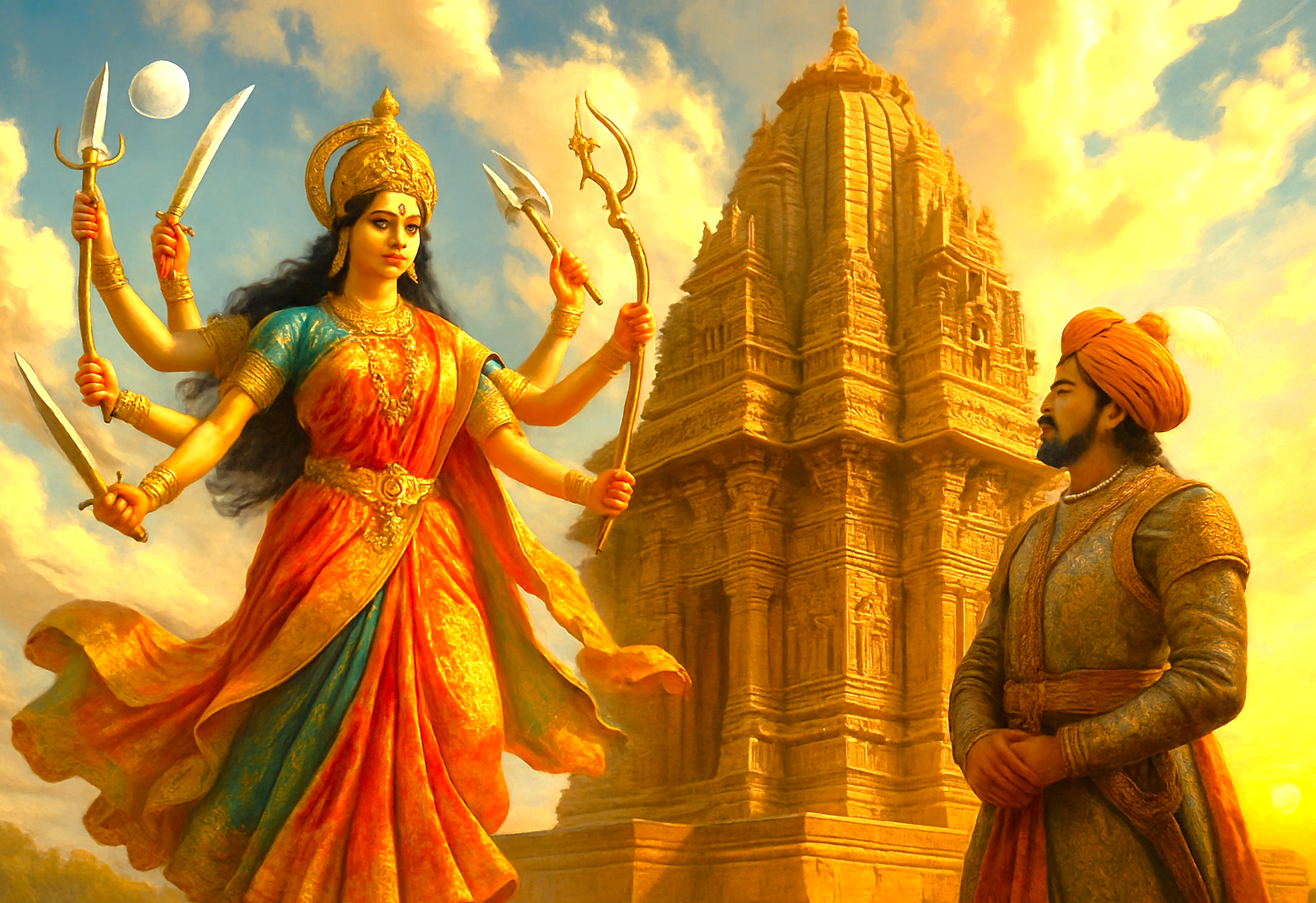 Ultra-realistic depiction of Goddess Durga and King Rao Jodha at Nagaur Fort in Rajasthan, India, featuring ornate temple architecture, flowing garments, dynamic sky, swirling clouds, Thar Desert dunes and sun. Ultra-realistic depiction of Goddess Durga and King Rao Jodha at Nagaur Fort in Rajasthan, India, featuring ornate temple architecture, flowing garments, dynamic sky, swirling clouds, Thar Desert dunes and sun.