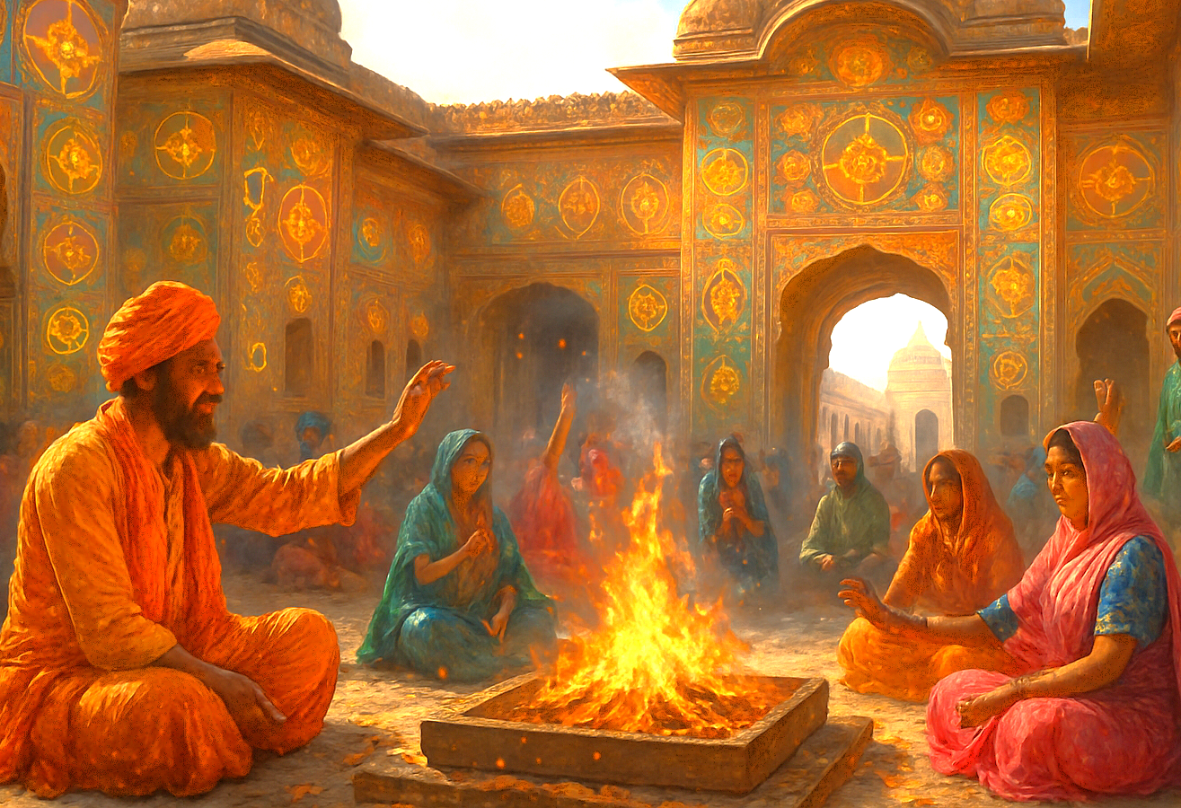 Vibrant fire yagna ceremony at Nahargarh Fort in Jaipur, Rajasthan, India showcases ancient devotees in colorful traditional attire, ornate sacred geometry patterns, glowing embers, and atmospheric daylight lighting for tourism.