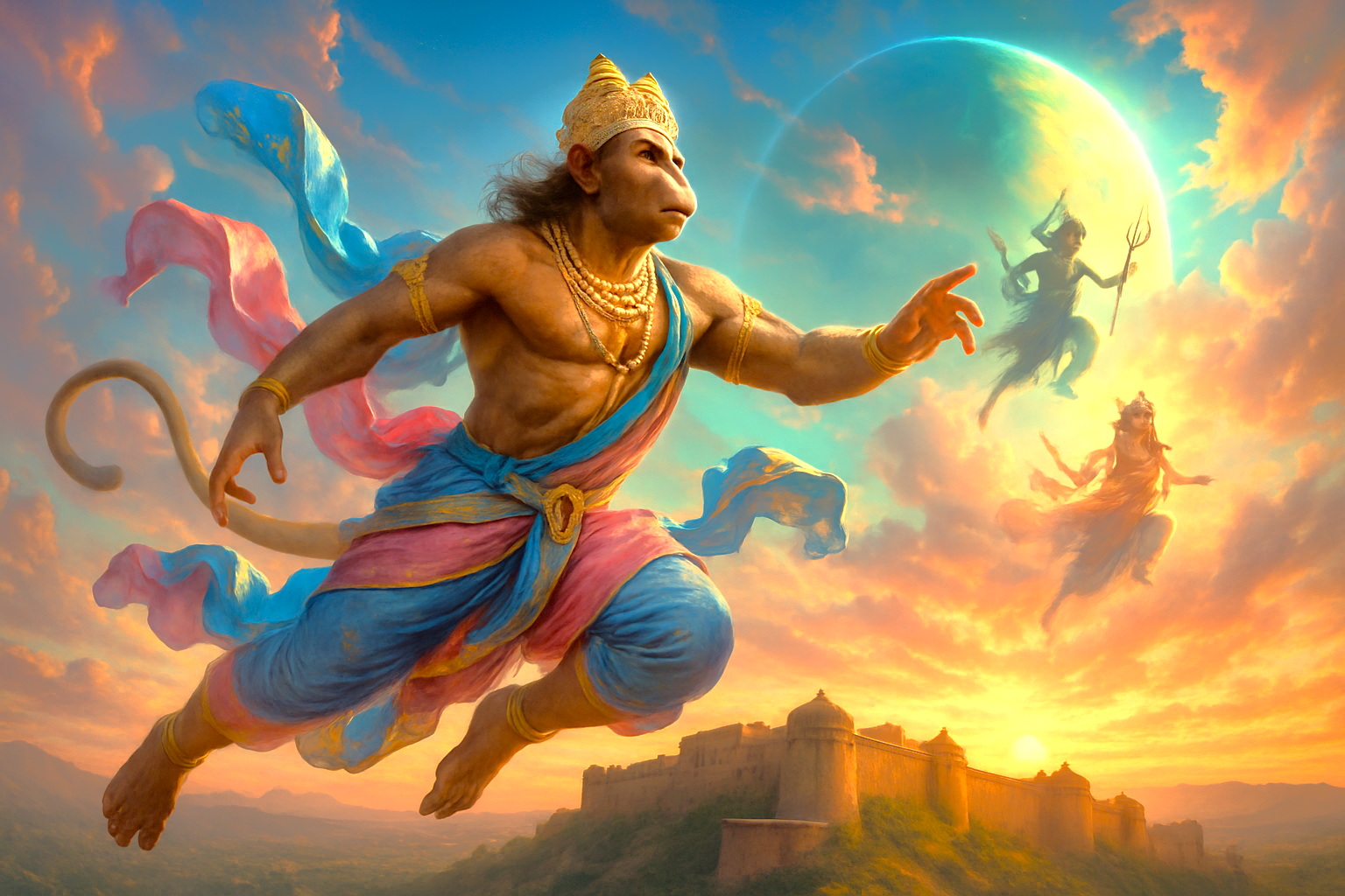 Ultra-realistic portrayal of Hanuman, Durga and Shiva soaring above Nahargarh Fort in Jaipur, Rajasthan, India, features dynamic flowing colorful garments, celestial green planet backdrop, vibrant sunset lighting and divine energy.
