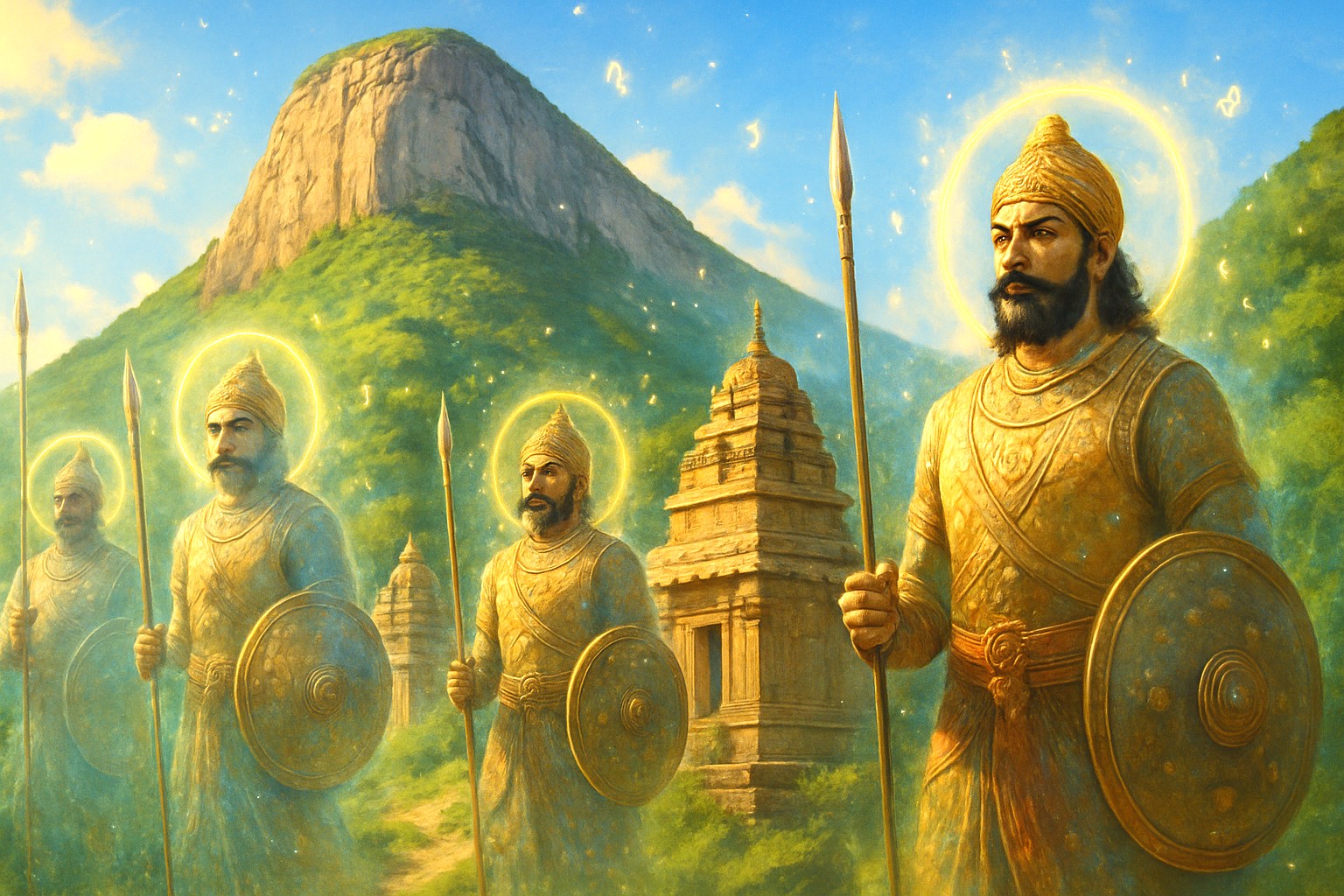 Epic illustration of haloed ancient Hindu warriors in golden armor wielding spears and shields, marching towards sacred temple amid lush hills near Mysore Palace in Karnataka, India, close to Bangalore, embodying divine protection and mythological valor for heritage seekers. Epic illustration of haloed ancient Hindu warriors in golden armor wielding spears and shields, marching towards sacred temple amid lush hills near Mysore Palace in Karnataka, India, close to Bangalore, embodying divine protection and mythological valor for heritage seekers.