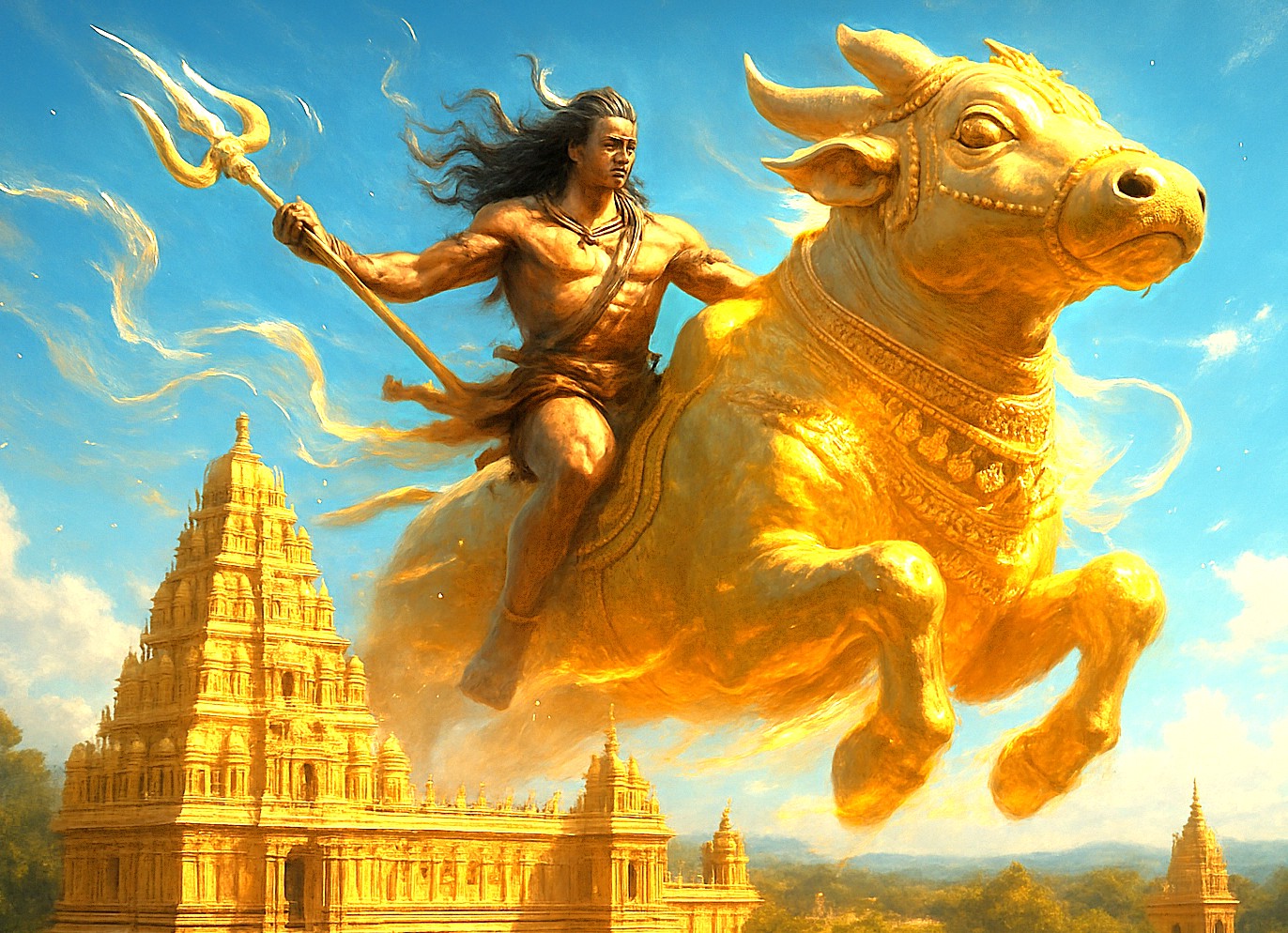 "Majestic Nandi Bull Temple in Mysore, Karnataka, India showcasing ancient Dravidian architecture against a vibrant sky backdrop, symbolizing Shiva’s divine mount and timeless regional devotion."