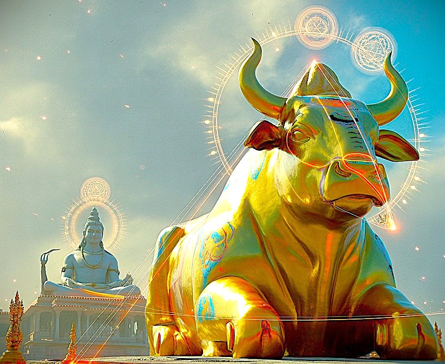 Marvel at the magnificent golden Nandi bull statue and futuristic deity at the iconic Mysore Seashell Museum in Mysore, Karnataka, India, near Bangalore-to-Coimbatore, with the Mysore Palace lit up nearby.