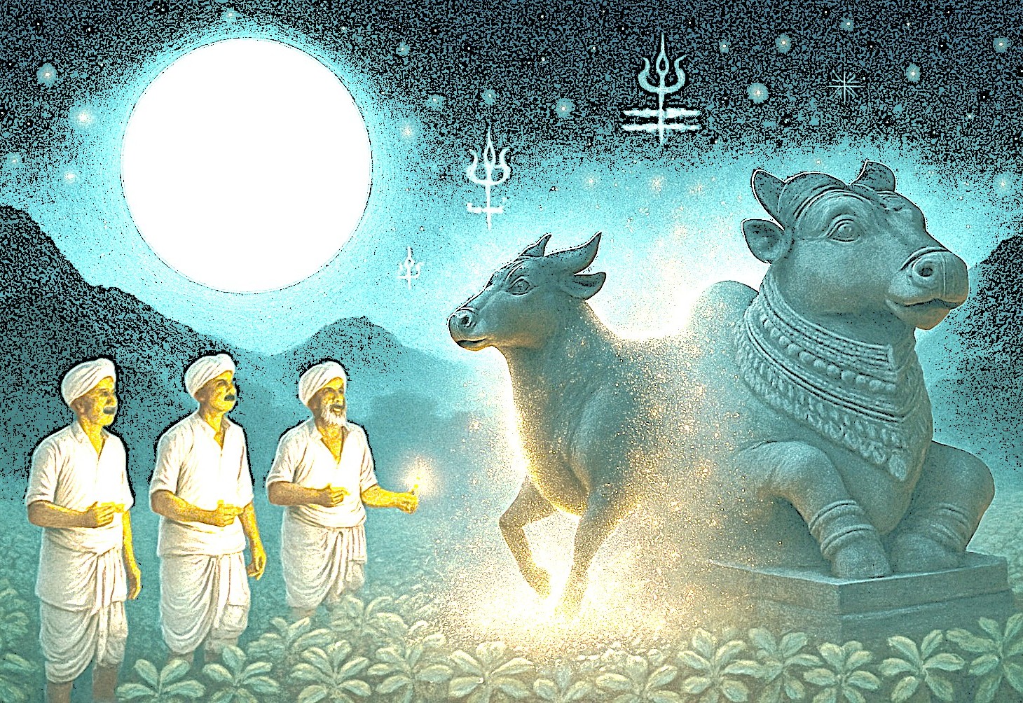 A mystical depiction of the Nandi Bull Temple in Bangalore, Karnataka, India, a legendary site near Tipu Sultan Palace ('Tiger of Mysore') for tourists visiting near Mysore Palace.