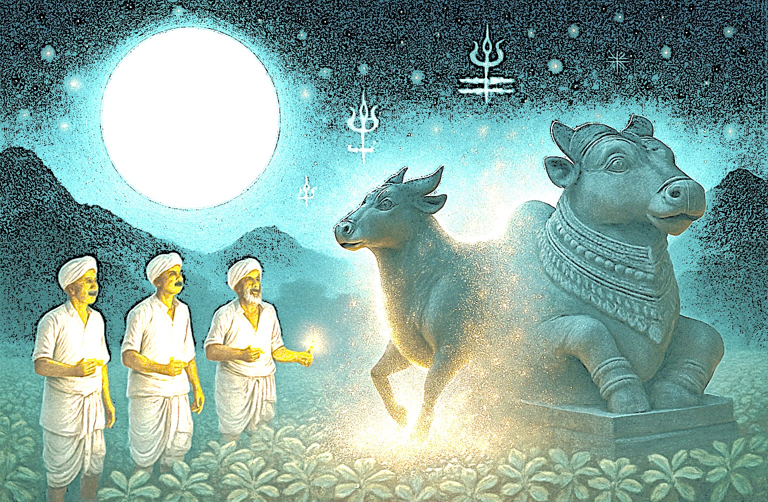 “Elderly worshipers gather at ancient Nandi Bull Temple Karnataka in Bangalore, India, beneath a starlit sky, encircling divine Nandi statue, evoking mystical heritage, spiritual wonder.”  “Elderly worshipers gather at ancient Nandi Bull Temple Karnataka in Bangalore, India, beneath a starlit sky, encircling divine Nandi statue, evoking mystical heritage, spiritual wonder.”