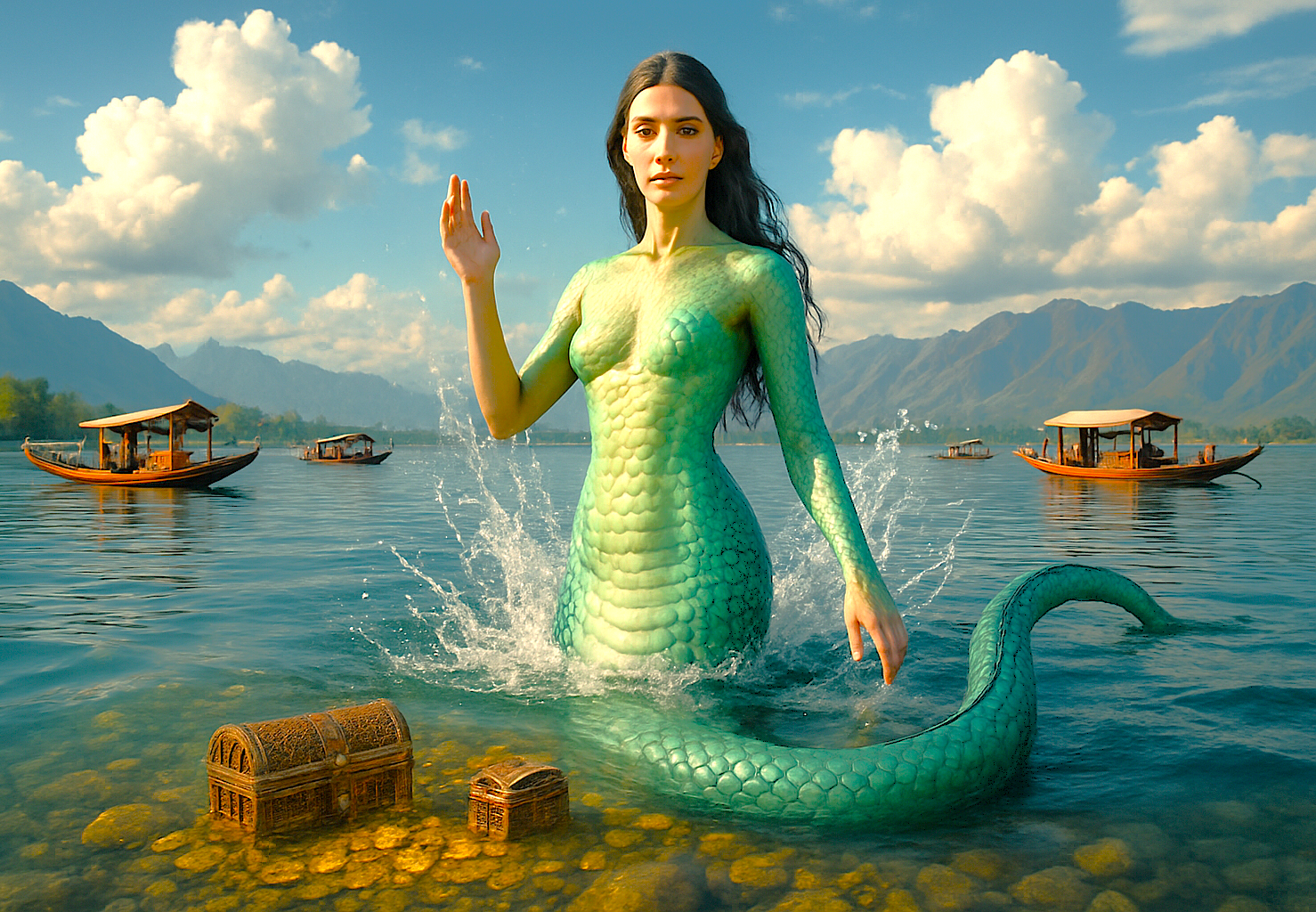 An artistic depiction of the mythical 'Nigeen Naga' legend guarding treasure on Nigeen Lake, seen from a Nehru Ghat shikara boat tour in Srinagar, Jammu and Kashmir, India.