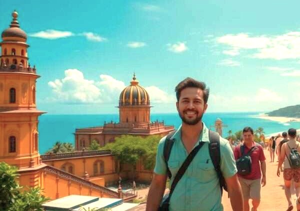 A smiling tourist explores a scenic coastal site in Goa, India, a region known for its beaches and the Old Goa-Unesco churches like the Church of Saint Augustine. A smiling tourist explores a scenic coastal site in Goa, India, a region known for its beaches and the Old Goa-Unesco churches like the Church of Saint Augustine.