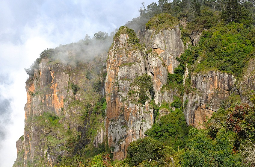 Misty cliff faces of Palani Hills in Tamil Nadu, India, showcase rugged rock formations, lush vegetation, forest canopy, serene atmosphere, and mountainous picturesque natural beauty. Misty cliff faces of Palani Hills in Tamil Nadu, India, showcase rugged rock formations, lush vegetation, forest canopy, serene atmosphere, and mountainous picturesque natural beauty.