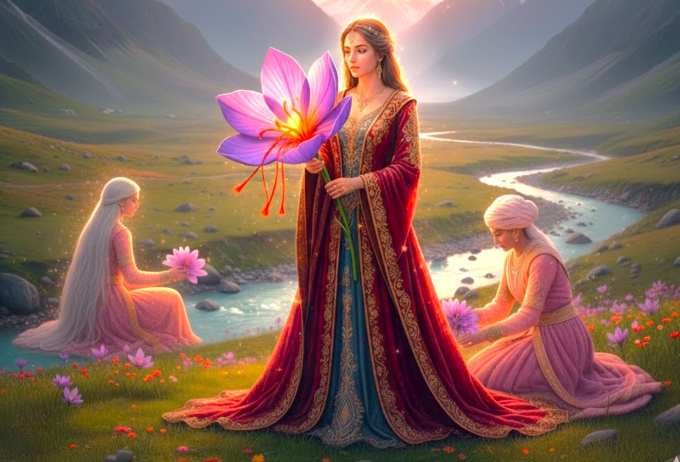 A mystical spirit, holds a bloom in the Pampore Saffron fields, set in the Himalayas. This land, near Lidder River Pahalgam and near Betaab Valley, is where Kashmir-Srinagar is a Unesco city of arts. A mystical spirit, holds a bloom in the Pampore Saffron fields, set in the Himalayas. This land, near Lidder River Pahalgam and near Betaab Valley, is where Kashmir-Srinagar is a Unesco city of arts.