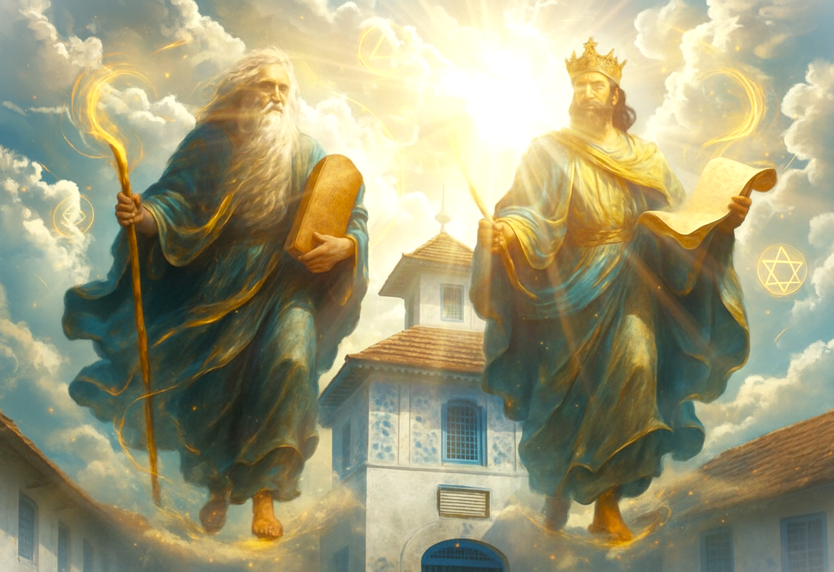 Spectacular celestial digital painting portrays Moses and King Solomon above Paradesi Synagogue Kochi in South India, Kerala, blending mystical light rays, ancient symbols, dynamic movement, vibrant colors, and dramatic sky. Spectacular celestial digital painting portrays Moses and King Solomon above Paradesi Synagogue Kochi in South India, Kerala, blending mystical light rays, ancient symbols, dynamic movement, vibrant colors, and dramatic sky.