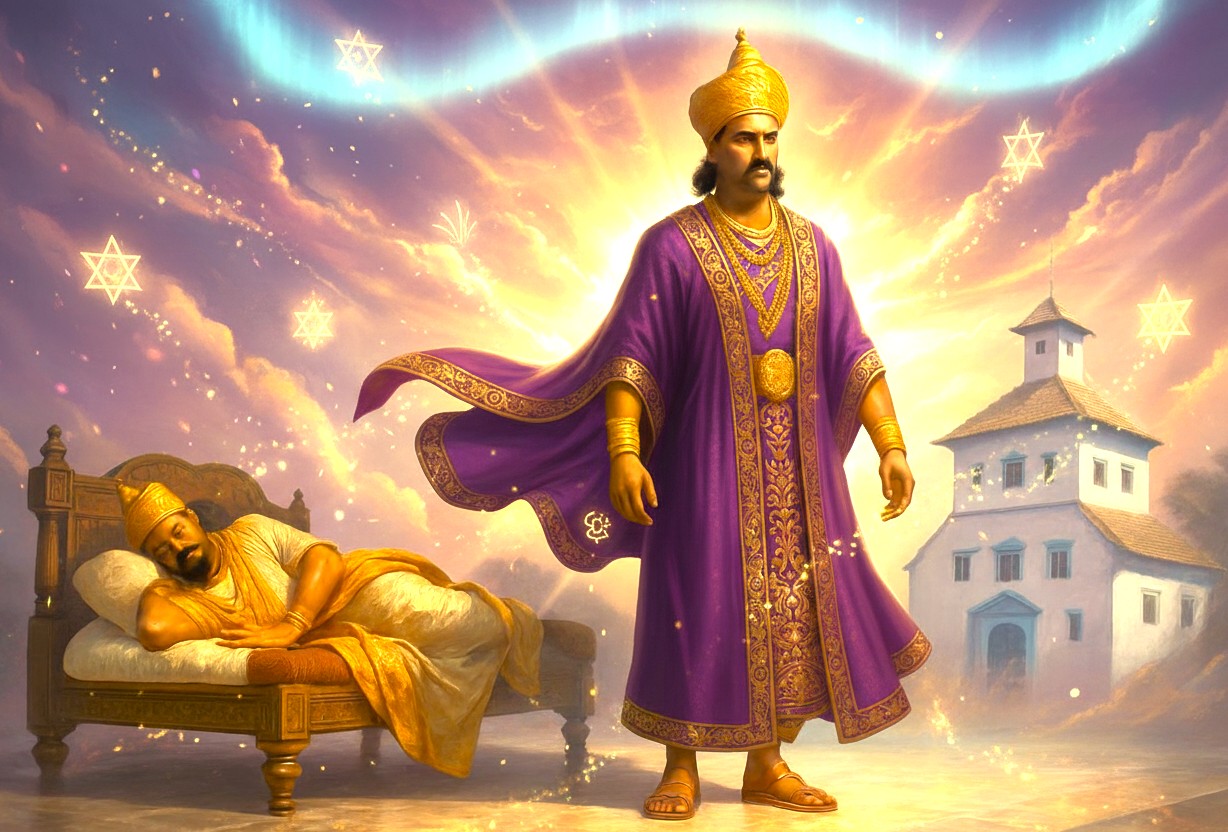 Mystical digital painting shows a regal Kerala king dreaming under a dramatic sky of glowing six-pointed stars above the historic Paradesi Synagogue Kochi in South India, blending vibrant spiritual symbolism. Mystical digital painting shows a regal Kerala king dreaming under a dramatic sky of glowing six-pointed stars above the historic Paradesi Synagogue Kochi in South India, blending vibrant spiritual symbolism.