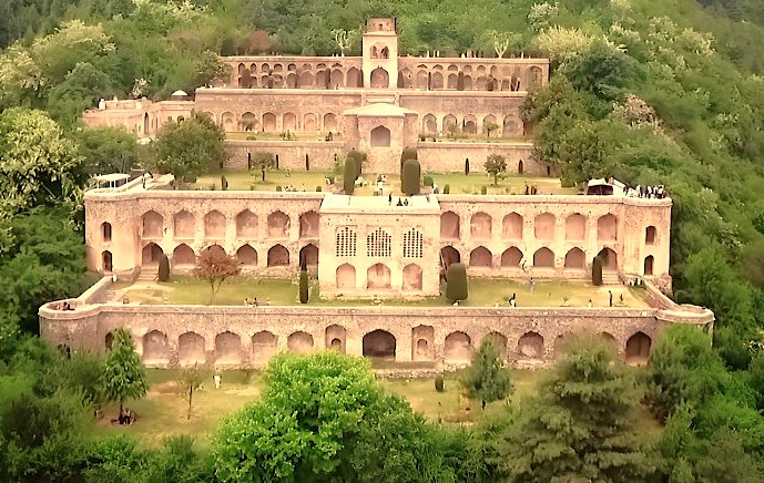 The spectacular terraced architecture of Pari Mahal palace, a major historic site in Srinagar, reflecting the UNESCO Creative Arts culture of Jammu and Kashmir, India.