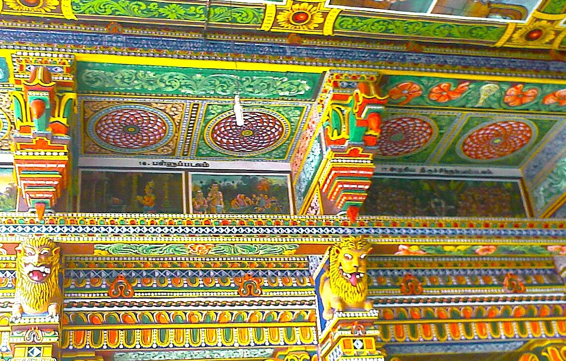Vibrant intricately painted ceiling murals and carved lion sculptures inside Coimbatore Patteeswara Temple, Tamil Nadu, India, showcasing South Indian religious art, ornate patterns, cultural heritage. Vibrant intricately painted ceiling murals and carved lion sculptures inside Coimbatore Patteeswara Temple, Tamil Nadu, India, showcasing South Indian religious art, ornate patterns, cultural heritage.