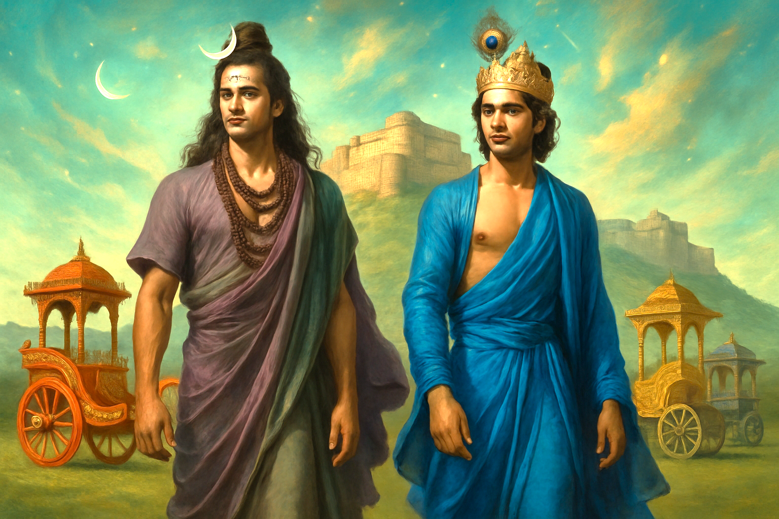 Krishna and Shiva stand before ornate chariots at iconic Patrika Gate, Jaipur, Rajasthan, India, highlighting divine artistry, cultural heritage, and a surreal, vibrant, mystical celestial backdrop.