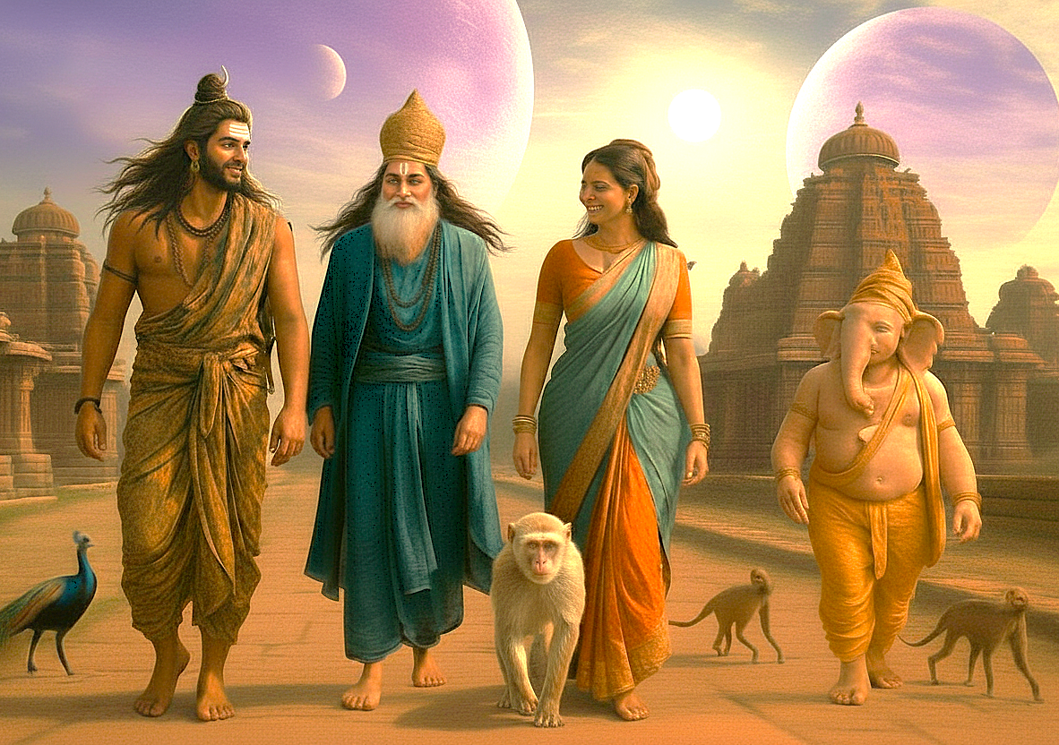 An artistic depiction of Hindu deities Shiva, Parvati, and Ganesha at the Pattadarle Temple Complex-UNESCO site in Karnataka, India, near Badami and the Ravana Pralad Cave Temple Aihole. An artistic depiction of Hindu deities Shiva, Parvati, and Ganesha at the Pattadarle Temple Complex-UNESCO site in Karnataka, India, near Badami and the Ravana Pralad Cave Temple Aihole.