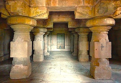 The pillared interior of the Jain Narayana Temple, part of the Pattadarle Temple Complex-UNESCO site in Karnataka, India, located near Badami and the Ravana Pralad Cave Temple Aihole. The pillared interior of the Jain Narayana Temple, part of the Pattadarle Temple Complex-UNESCO site in Karnataka, India, located near Badami and the Ravana Pralad Cave Temple Aihole.