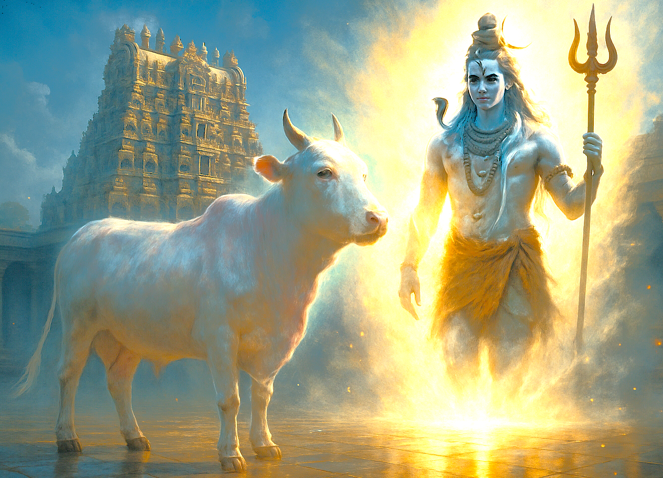 Divine image of Lord Shiva and a sacred cow at Patteeswara Temple in Coimbatore, Tamil Nadu, India, showcasing intricate temple gopuram, celestial light, and mythological symbolism. Divine image of Lord Shiva and a sacred cow at Patteeswara Temple in Coimbatore, Tamil Nadu, India, showcasing intricate temple gopuram, celestial light, and mythological symbolism.