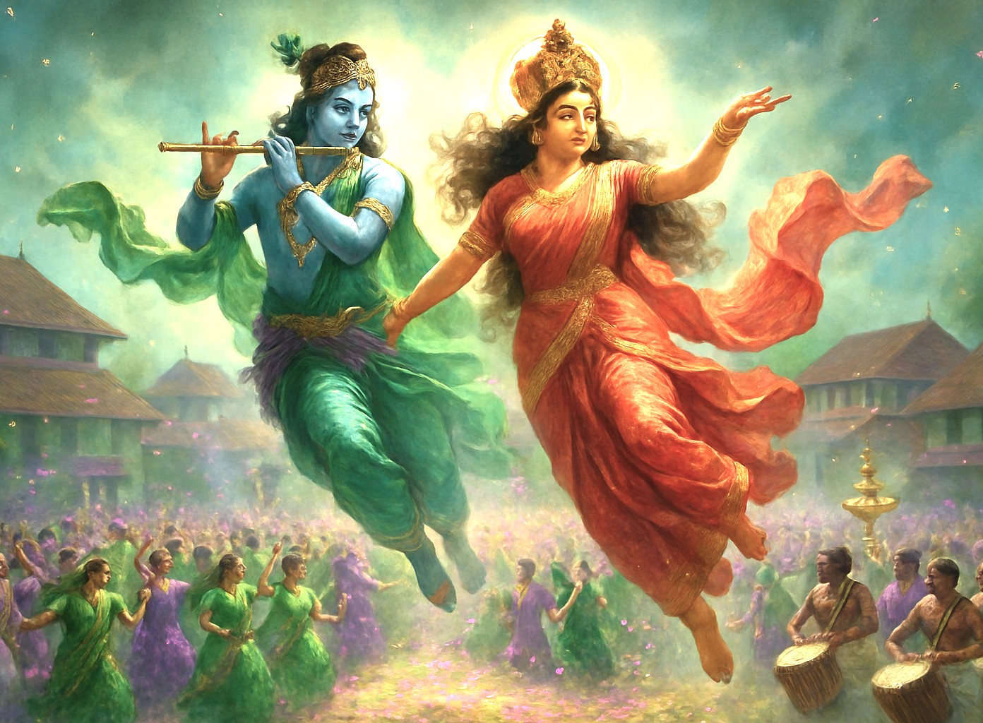 Vibrant mural of Lord Krishna and Goddess Radha dancing amidst festive crowds on Princess Street, Kochi, showcasing South India’s Kerala cultural heritage, devotion, traditional attire, rhythmic drums and celebratory spirit. Vibrant mural of Lord Krishna and Goddess Radha dancing amidst festive crowds on Princess Street, Kochi, showcasing South India’s Kerala cultural heritage, devotion, traditional attire, rhythmic drums and celebratory spirit.