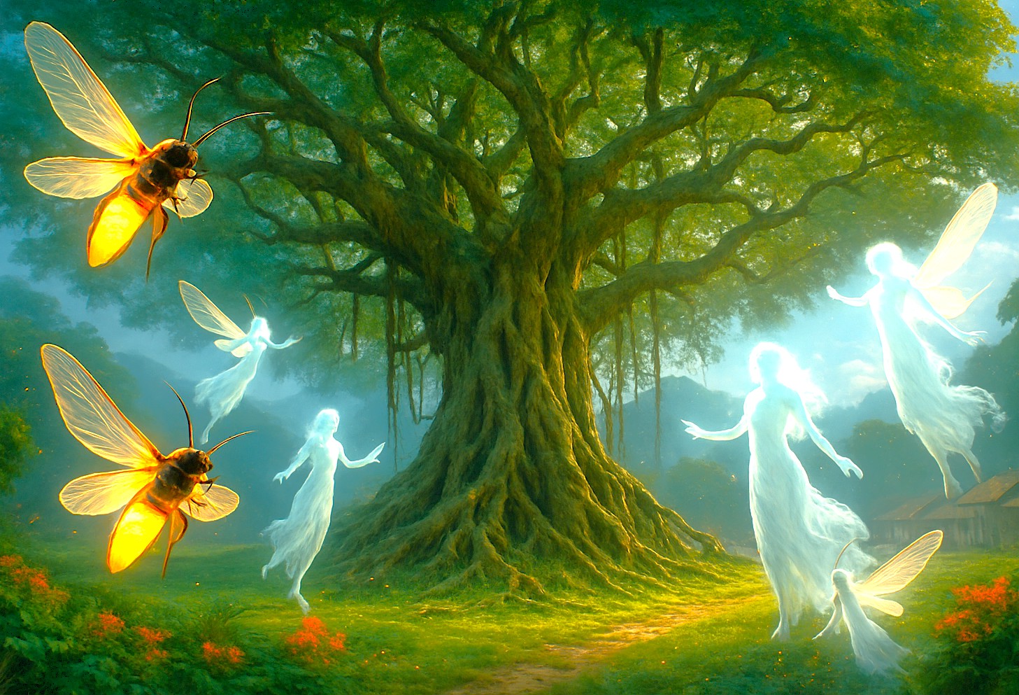 At Punarjarni Village in Munnar, Kerala, glowing fireflies and ethereal spirits encircle an ancient banyan tree under vibrant Southern India daylight, creating a mystical sanctuary. At Punarjarni Village in Munnar, Kerala, glowing fireflies and ethereal spirits encircle an ancient banyan tree under vibrant Southern India daylight, creating a mystical sanctuary.