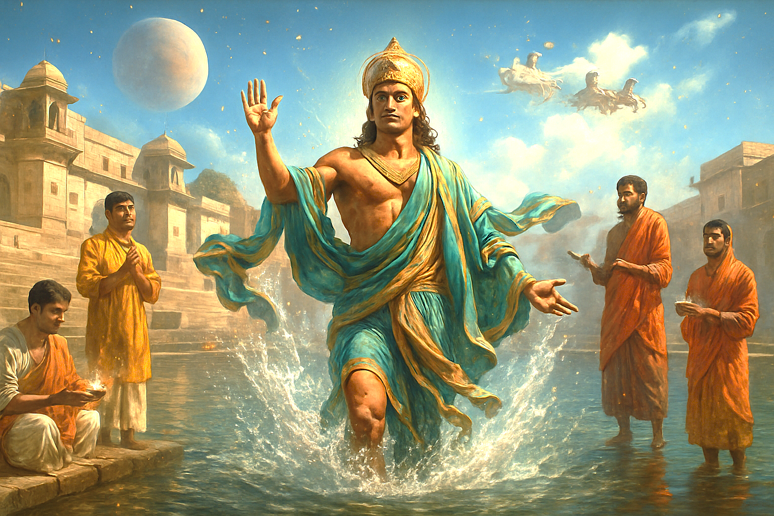 Ultra-realistic depiction of Lord Brahma emerging from Pushkar Lake in Rajasthan, India, surrounded by devotees, divine chariots, and Mercury planet—located between Jaipur and Agra en route to the Taj Mahal.