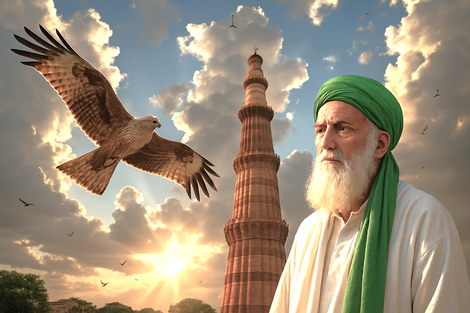 Portrayal of Sufi saint Khwaja Qutbuddin Bakhtiar Kaki beside Delhi’s iconic Qutb Minar in India, dramatic cumulonimbus clouds and a soaring Indian hawk highlight cultural heritage, architectural splendor, spiritual tourism. Portrayal of Sufi saint Khwaja Qutbuddin Bakhtiar Kaki beside Delhi’s iconic Qutb Minar in India, dramatic cumulonimbus clouds and a soaring Indian hawk highlight cultural heritage, architectural splendor, spiritual tourism.
