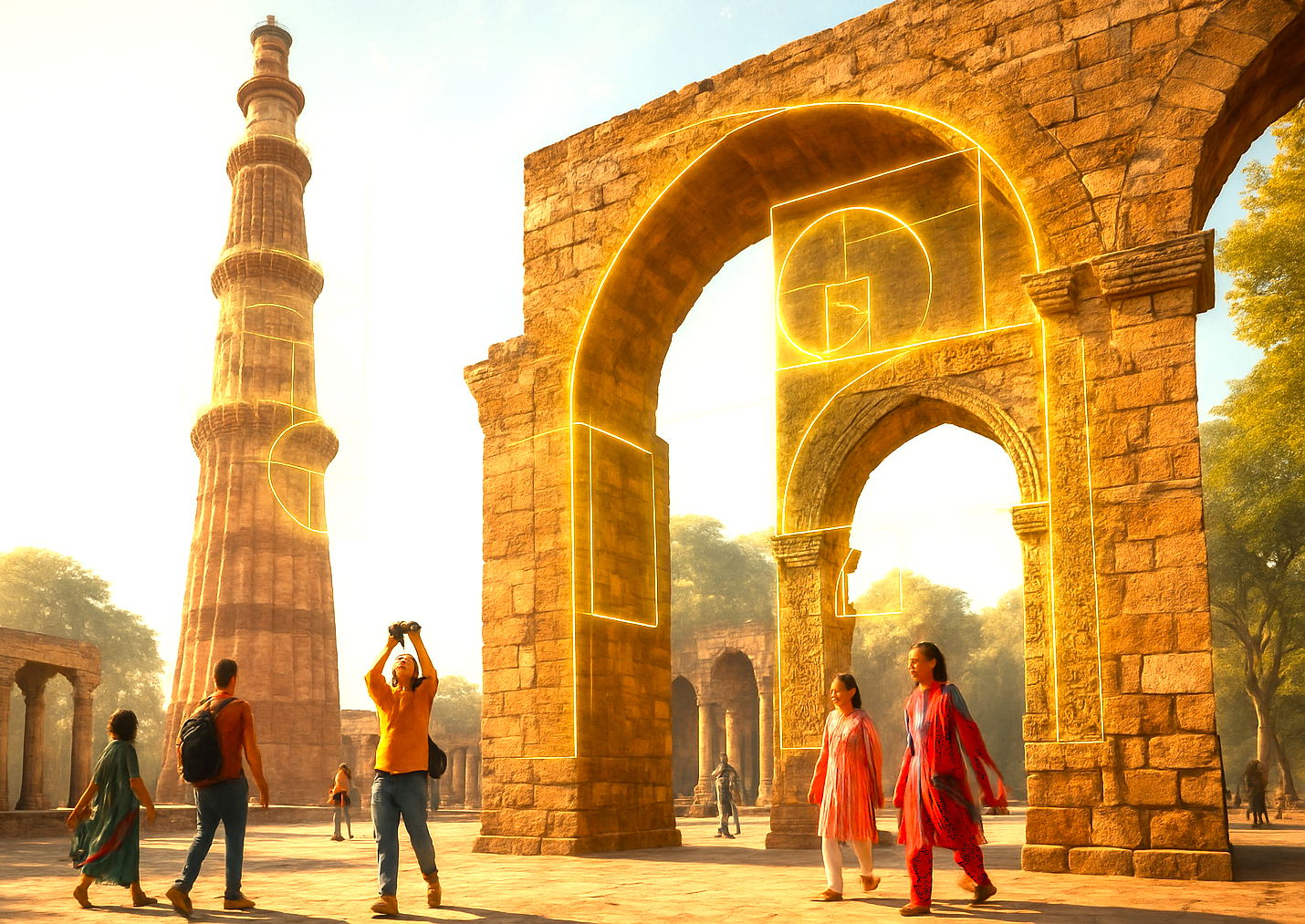 An artistic rendering of the golden ratio on historic arches at the Qutb Minar in Delhi, India, a UNESCO World Heritage site near the UNESCO Red Fort and UNESCO Humayun's Tomb. An artistic rendering of the golden ratio on historic arches at the Qutb Minar in Delhi, India, a UNESCO World Heritage site near the UNESCO Red Fort and UNESCO Humayun's Tomb.