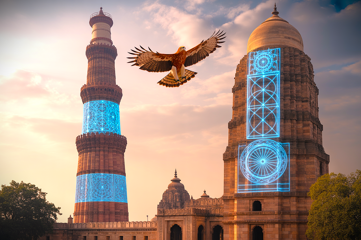 A fantasy artwork of Quttb Minar with sacred geometry, a major Unseco site in Delhi, India, and a historic monument often visited with the Red Foret.