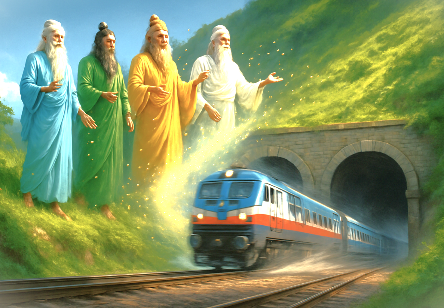 This artwork visualizes the mythical relationship between ancient sages and modern train travel in India, a spiritual journey for tourists across Uttar Pradesh visiting Agra's Taj Mahal, Agra Fort, Fatehpur Sikri, Keoladeo National Park, and the holy cities of Varanasi and Mathura.