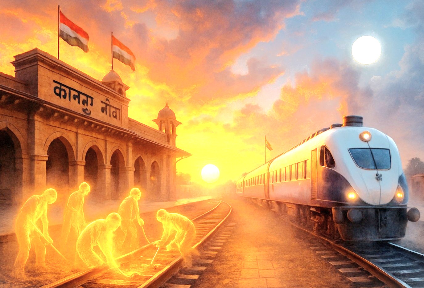 An artistic vision of an Indian railway journey to Bikaner, Rajasthan, evoking the legendary history of UNESCO cities like Jodhpur, Jaipur, and the majestic palaces of Udaipur.