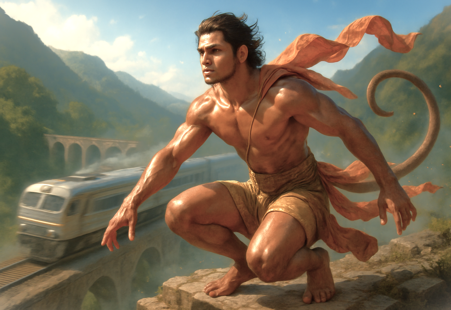 Hanuman, the divine protector, watches over a modern train on a scenic railway journey from Goa to Mumbai, India, through Mahapradesh, blessing travelers with safety amid lush hills and viaducts. Hanuman, the divine protector, watches over a modern train on a scenic railway journey from Goa to Mumbai, India, through Mahapradesh, blessing travelers with safety amid lush hills and viaducts.