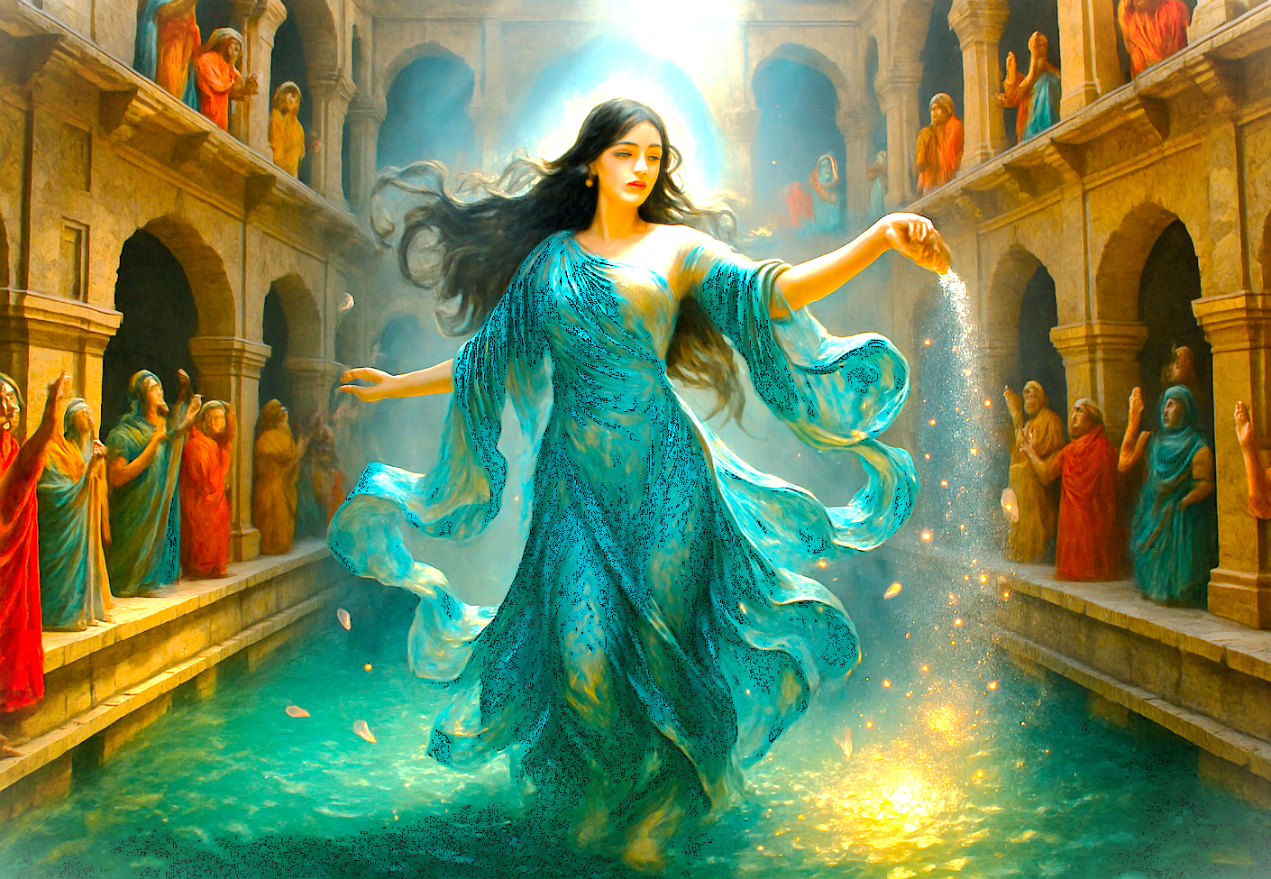 A mystical artwork of a goddess gracing the ancient waters of Rajon ki Baoli in Delhi, India, a historic stepwell near UNESCO heritage sites like the Qutb Minar, UNESCO Red Fort, and UNESCO Humayun's Tomb. A mystical artwork of a goddess gracing the ancient waters of Rajon ki Baoli in Delhi, India, a historic stepwell near UNESCO heritage sites like the Qutb Minar, UNESCO Red Fort, and UNESCO Humayun's Tomb.