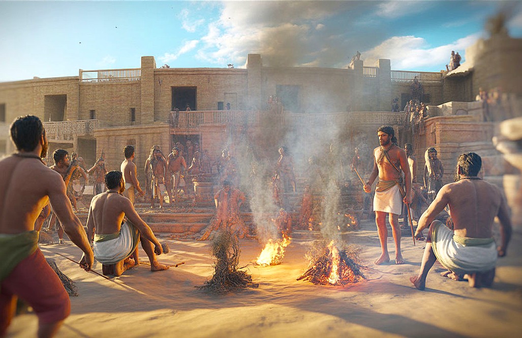 “Ancient Vedic fire ceremony in courtyard at sunrise in Uttar Pradesh, India showcasing traditional priestly rituals, cultural heritage gathering, and historical Hindu fire worship practices.” “Ancient Vedic fire ceremony in courtyard at sunrise in Uttar Pradesh, India showcasing traditional priestly rituals, cultural heritage gathering, and historical Hindu fire worship practices.”